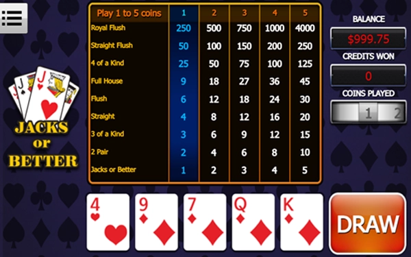 jacks or better video poker game example